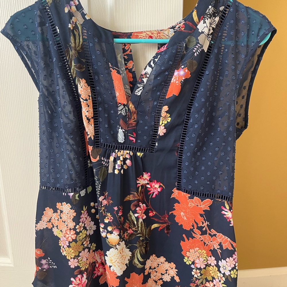 Daniel Rainn Navy Floral Blouse with Lace Accents